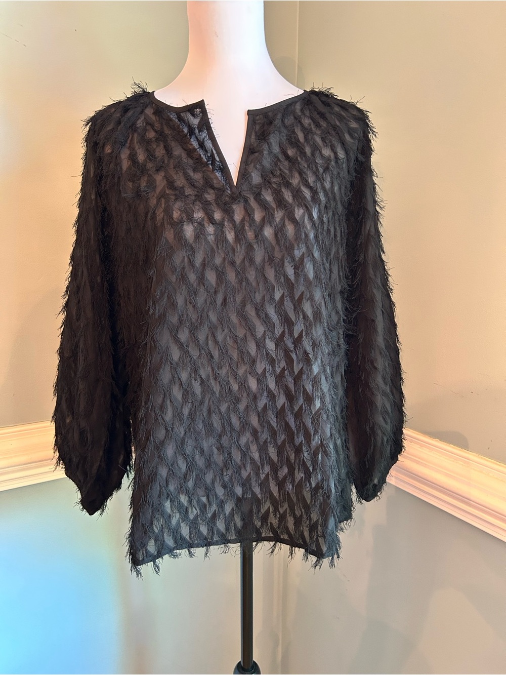Chico's Black Feather-Texture V-Neck Blouse